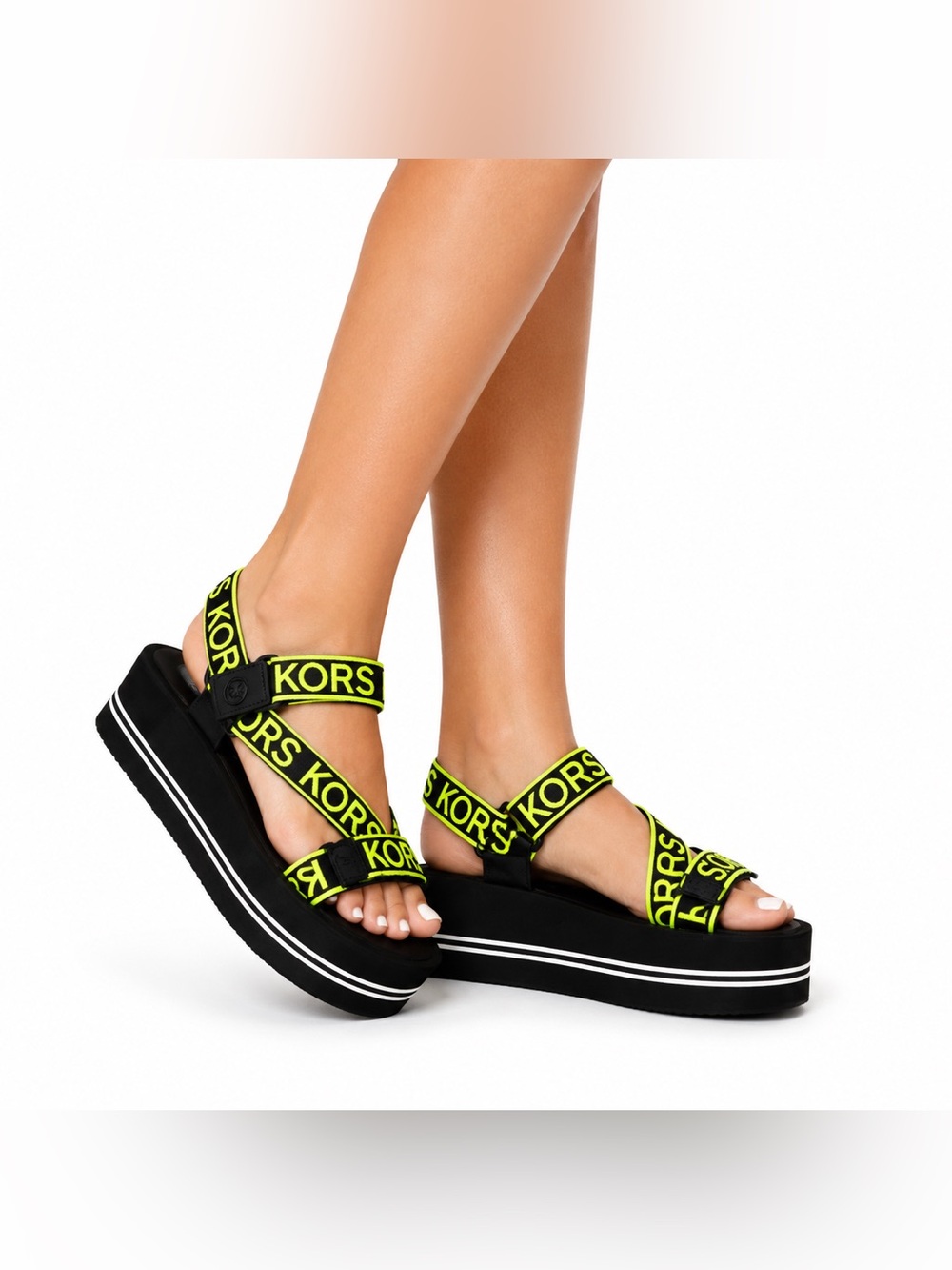 Michael Kors Oaklee Neon Logo Platform Sandals Black Lime Sporty Flatform Shoes